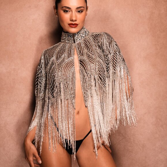 Crystal Silver Fringe Rhinestone Cape, Luxury Sequin, Festival Rave Shawl - Picture 3 of 7